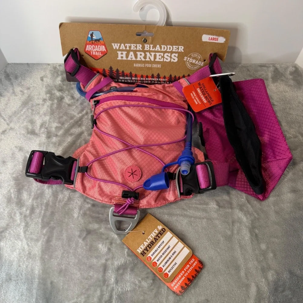 Dog Harness Arcadia Trail Water Bladder Hydration Set Pink Large Bowl New‎
